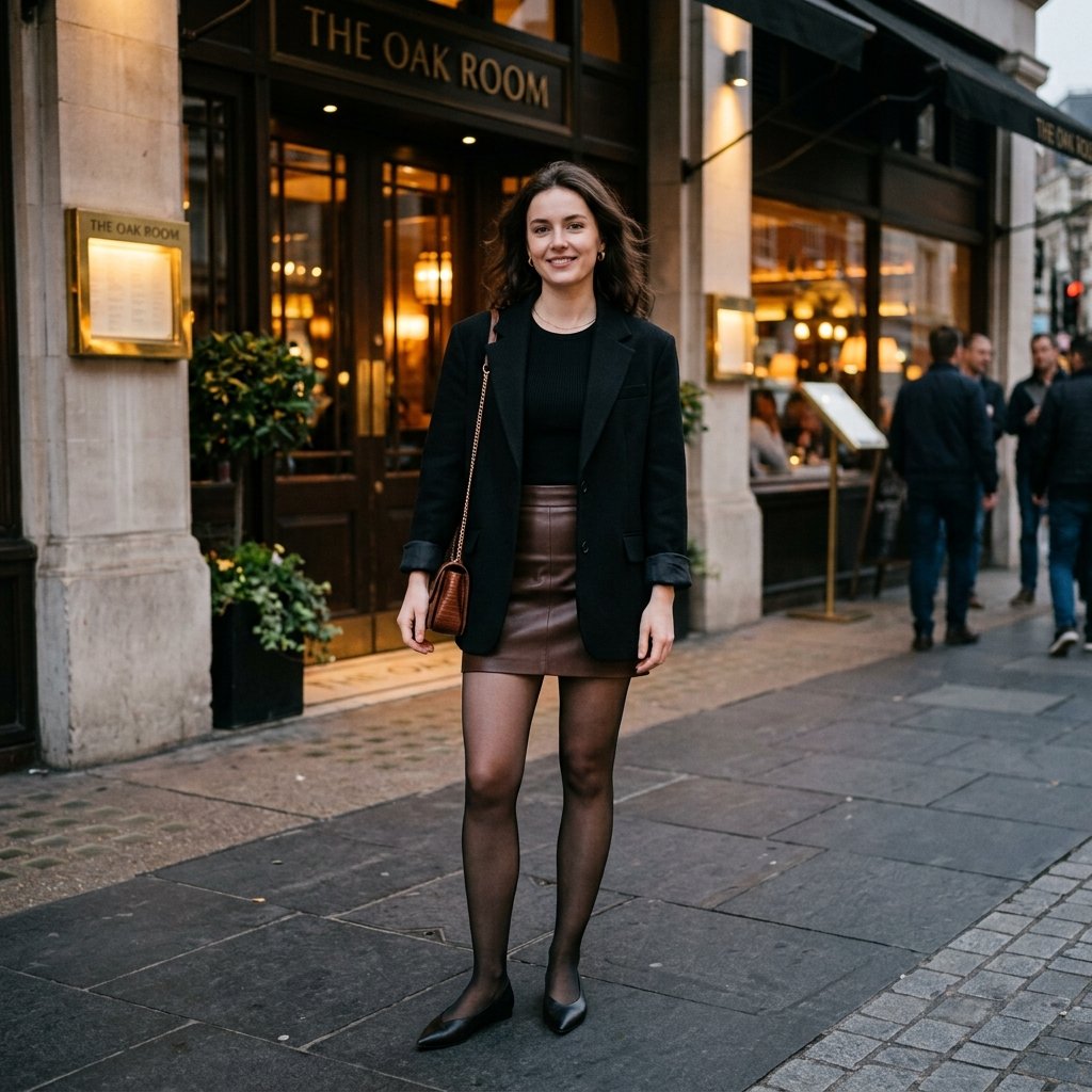 Black Blazer + Chocolate Mini Skirt + Sheer Tights