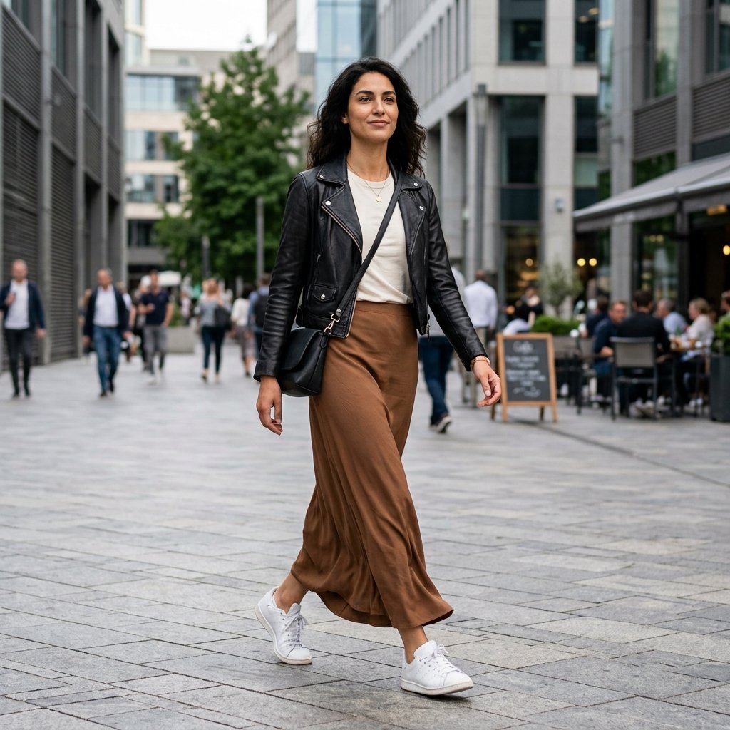 Black Leather Jacket + Brown Maxi Skirt + Sneakers