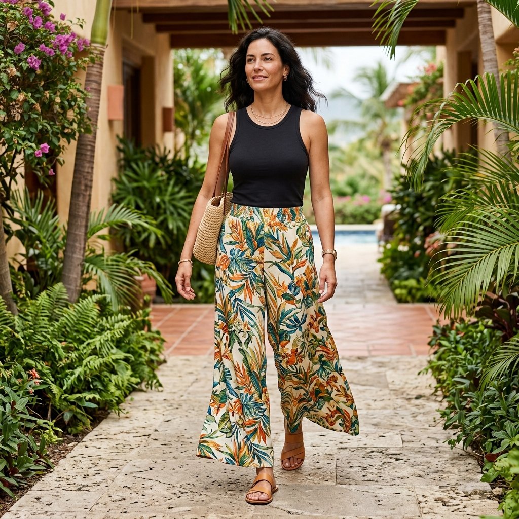 Black Tank + Printed Palazzo Pants + Woven Bag