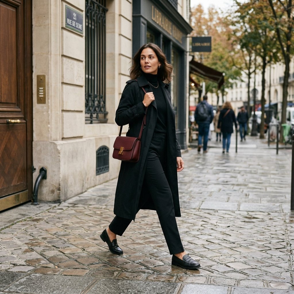 Black Trench Coat with Monochrome Layers