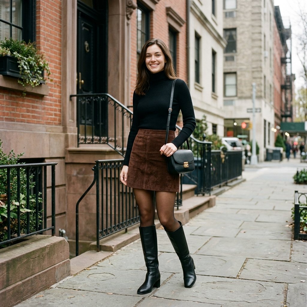 Black Turtleneck + Brown A-Line Mini Skirt + Tall Boots