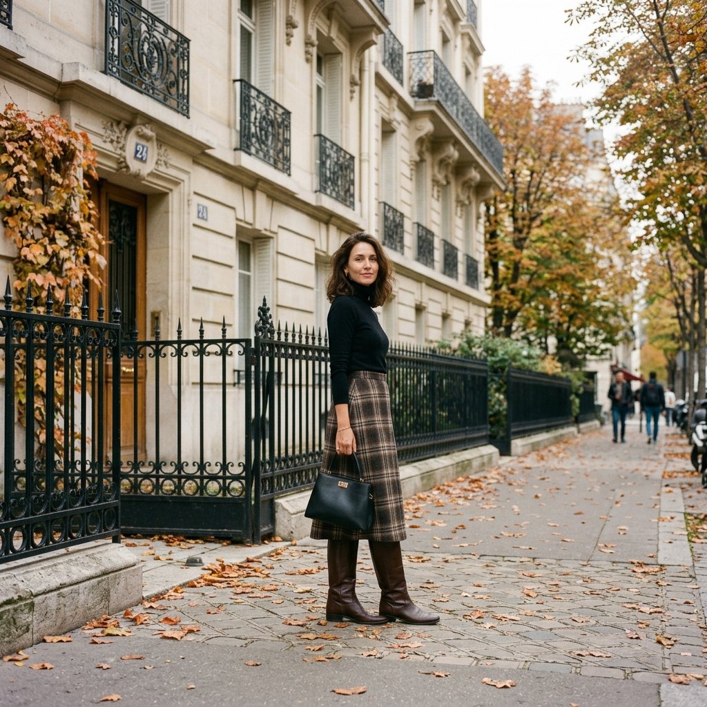 Black Turtleneck with Plaid Midi Skirt and Tall Boots