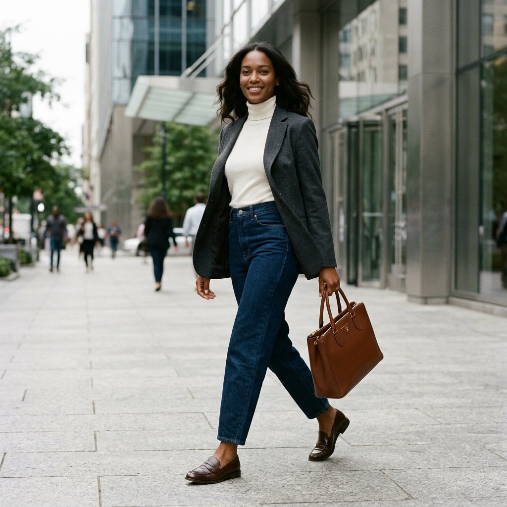 Blazer + Knit Top + Dark Barrel Jeans