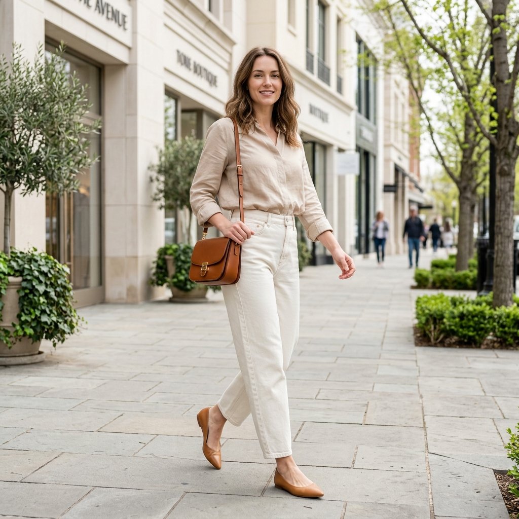 Blouse + White Barrel Jeans + Neutral Flats