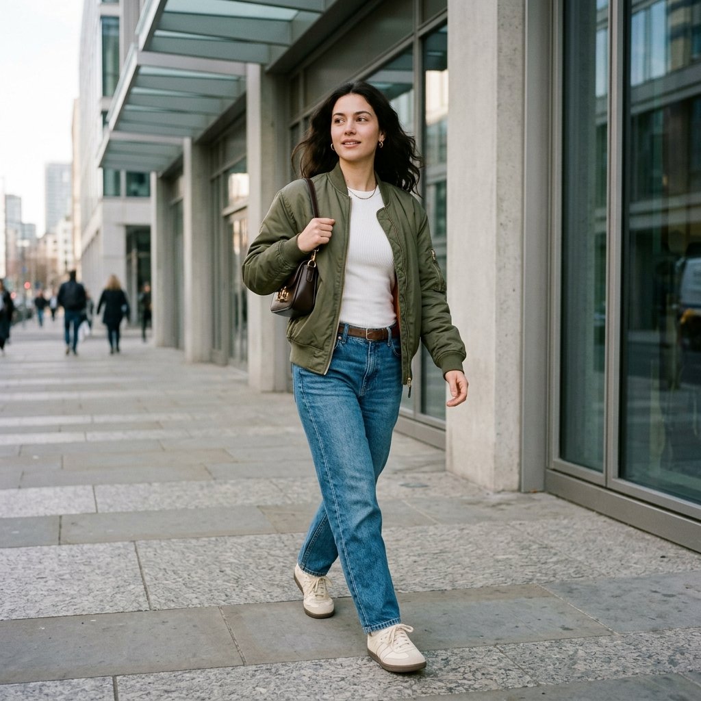 Bomber Jacket + Ribbed Top + Barrel Jeans