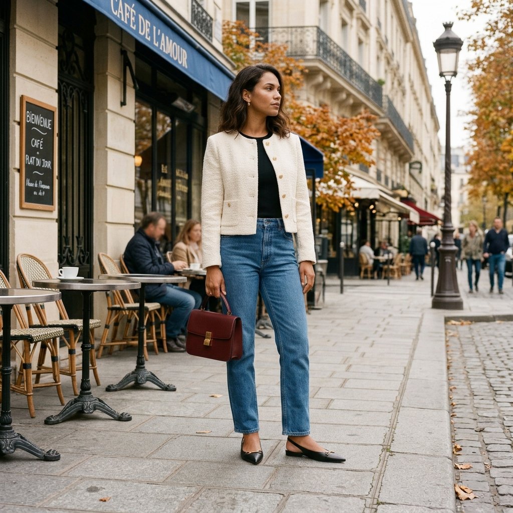 Bouclé Jacket with Straight Jeans and Slingbacks