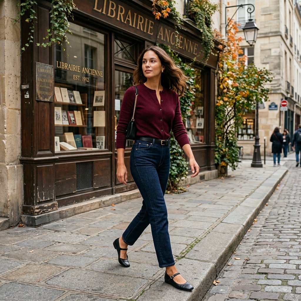 Burgundy Cardigan with Dark Denim and Mary Janes