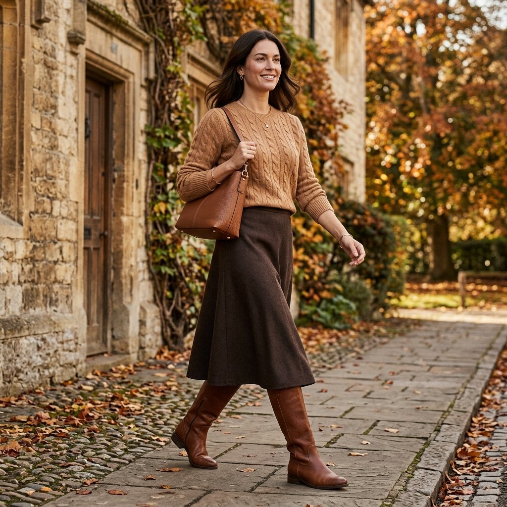 Camel Sweater + Dark Brown Skirt + Brown Boots