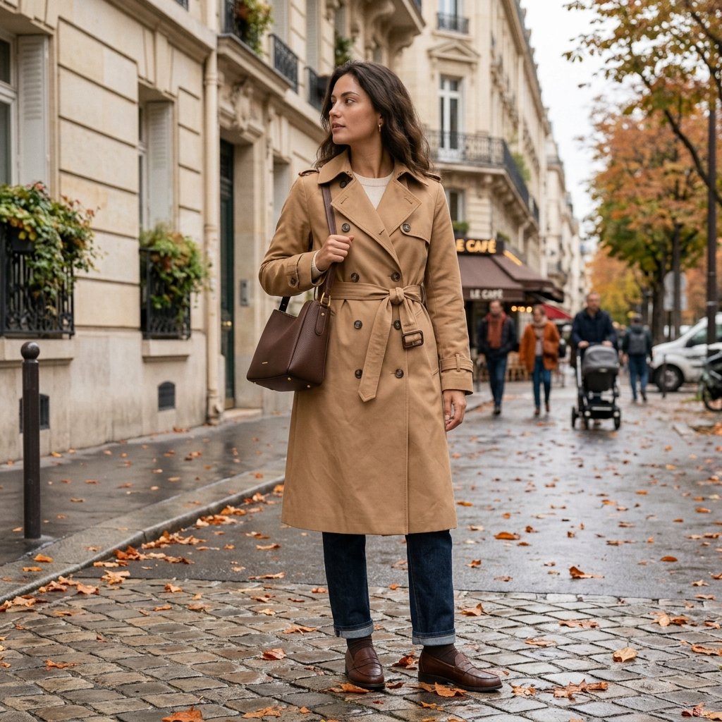 Camel Trench Coat with Straight-Leg Jeans and Loafers