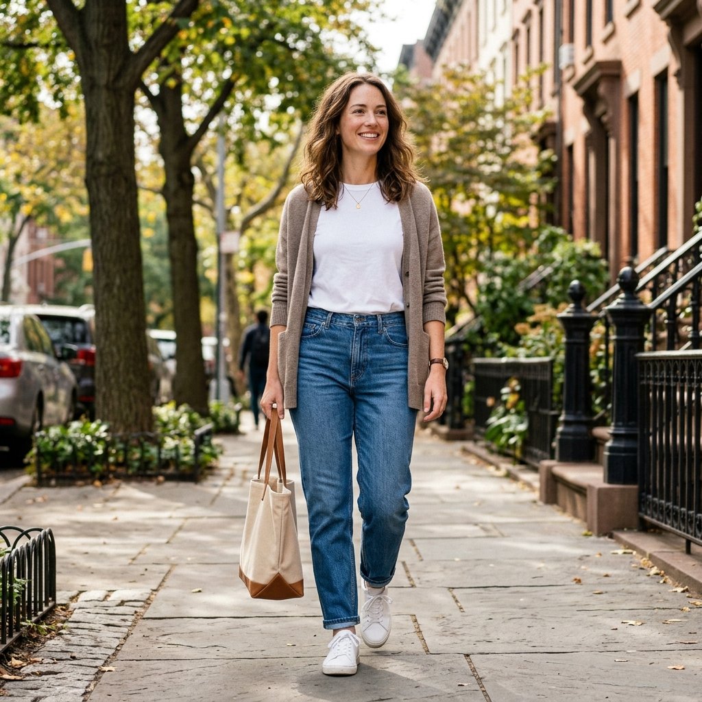 Cardigan + White Tee + Barrel Jeans + Sneakers