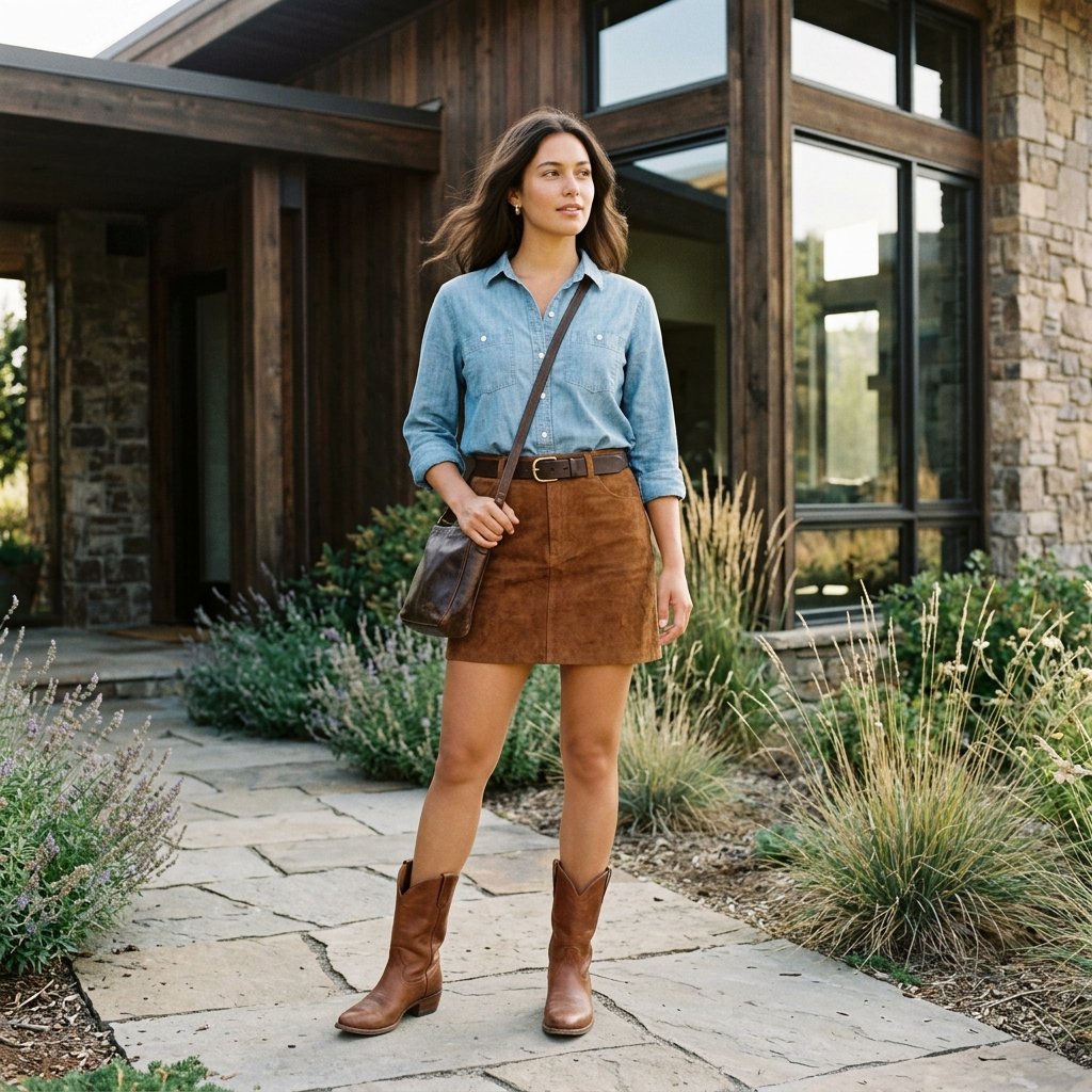 Chambray Shirt + Brown Suede Mini + Cowboy Boots