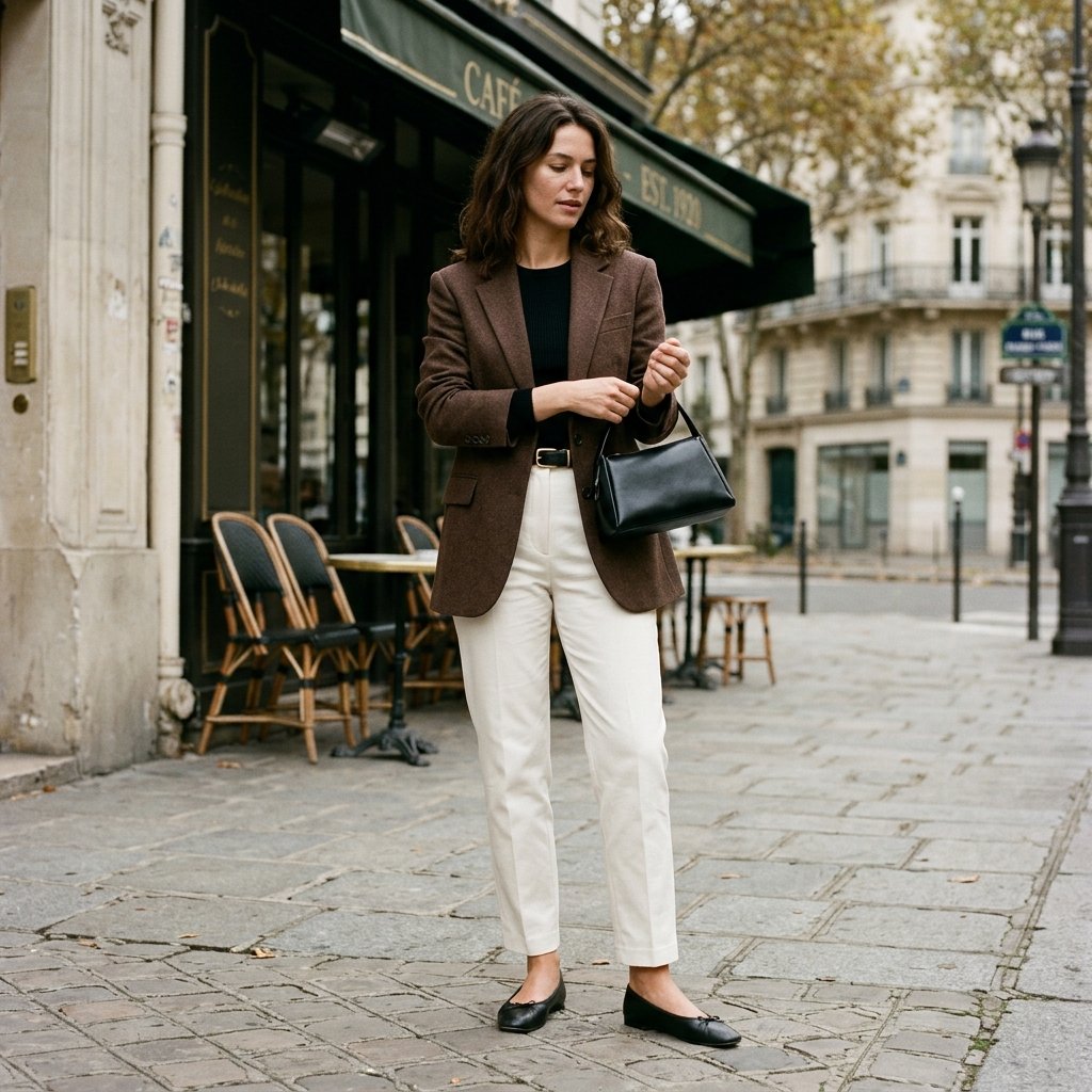 Chocolate Blazer with Ivory Trousers and Ballet Flats