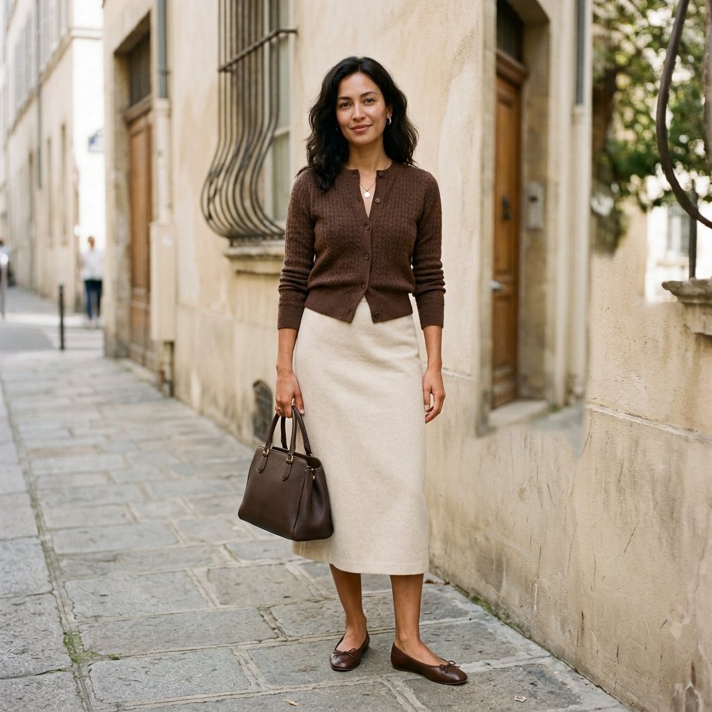 Chocolate Cardigan + Cream Skirt + Brown Accessories