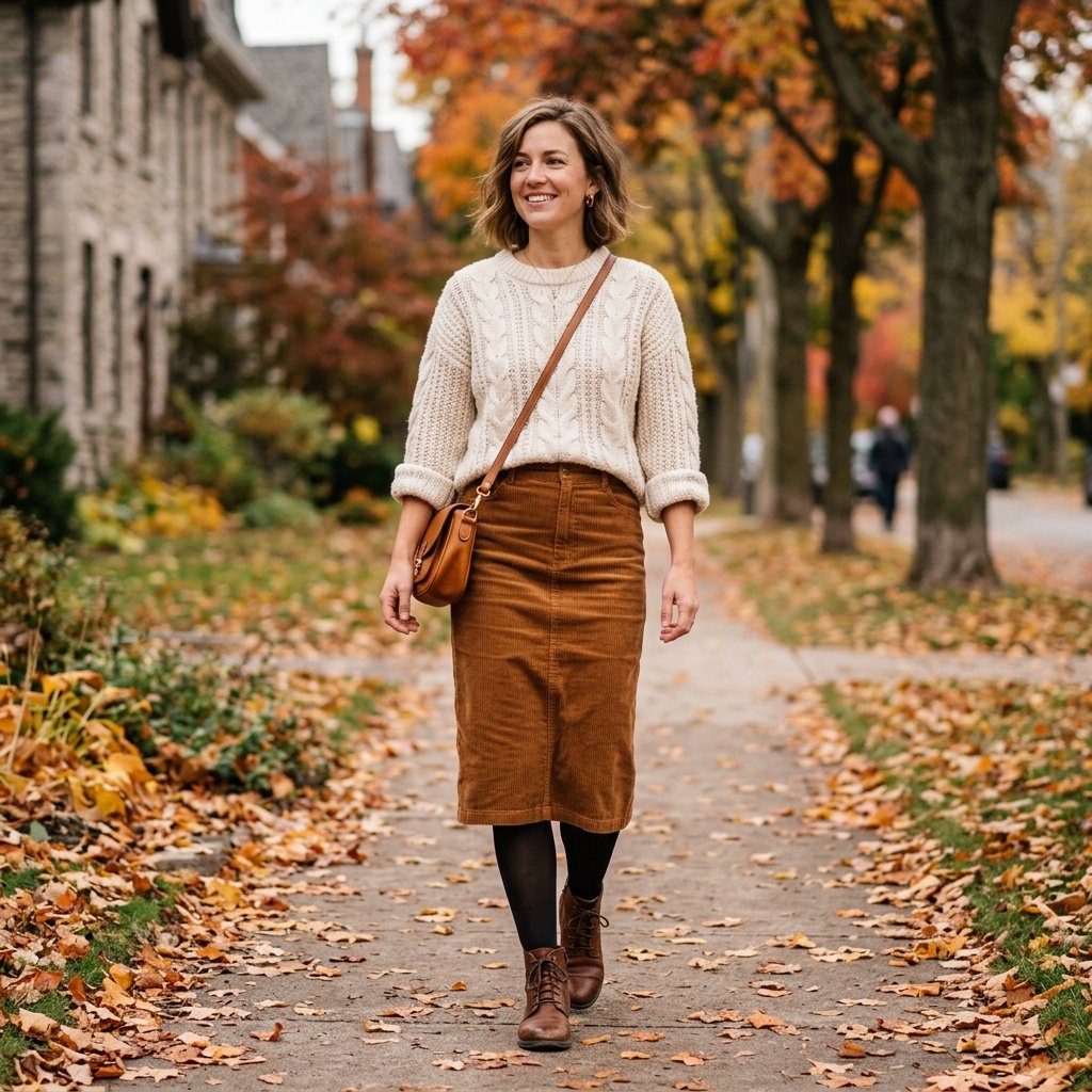 Chunky Cream Knit + Brown Corduroy Skirt + Ankle Boots