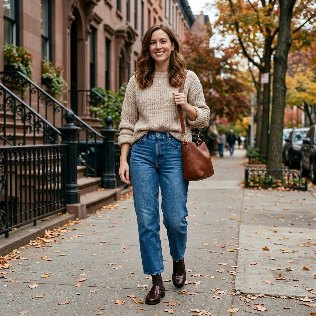 Chunky Sweater + Cropped Barrel Jeans + Loafers