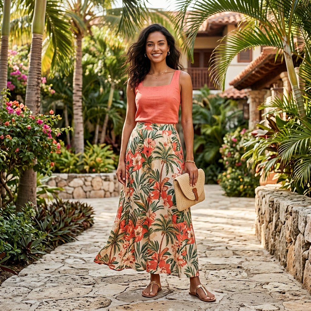 Coral Crop Top + Printed Maxi Skirt + Gold Sandals