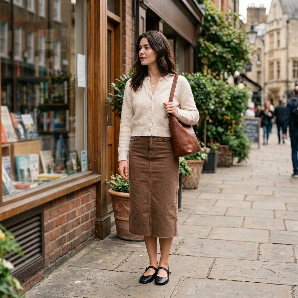 Cream Cardigan + Brown Denim Skirt + Mary Jane Flats