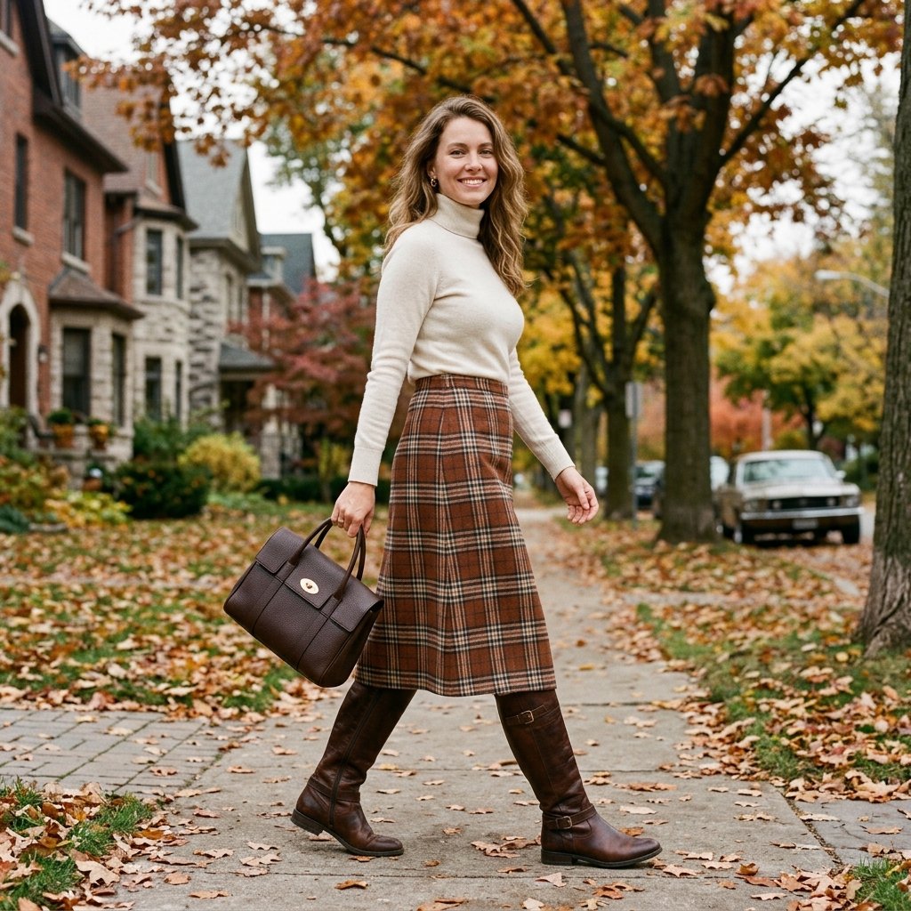 Cream Turtleneck + Brown Plaid Skirt + Riding Boots