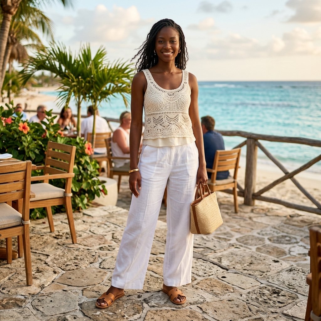 Crochet Top + White Wide-Leg Pants + Raffia Bag