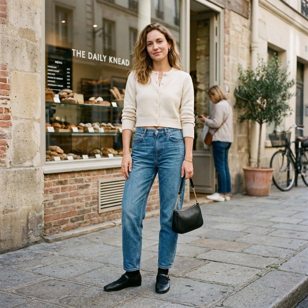 Cropped Cardigan + Barrel Jeans + Mary Janes