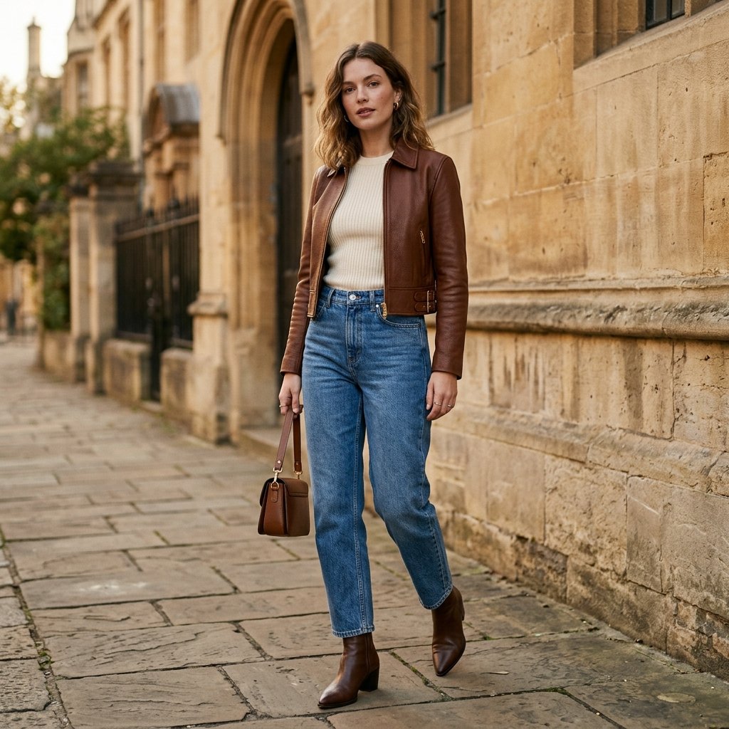 Cropped Jacket + High-Waisted Barrel Jeans + Boots