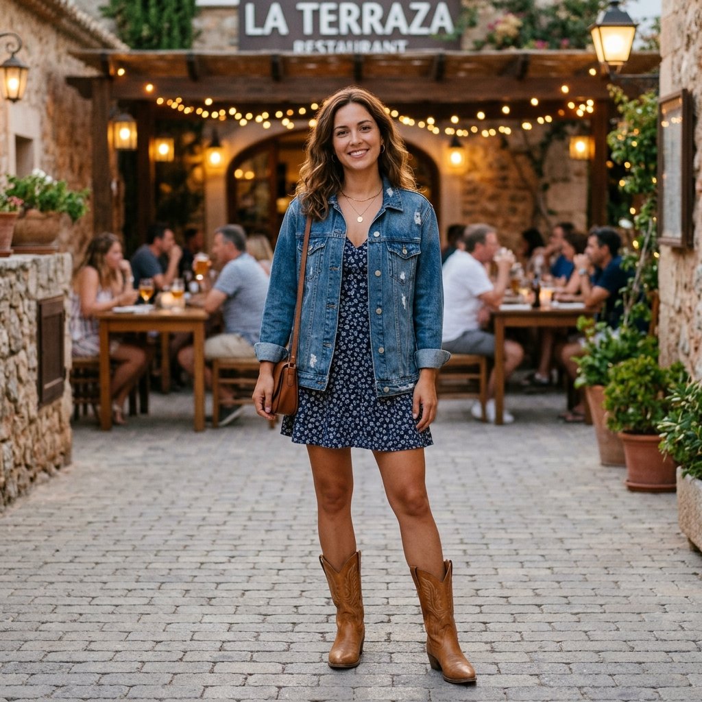 Denim Jacket + Mini Dress + Cowboy Boots