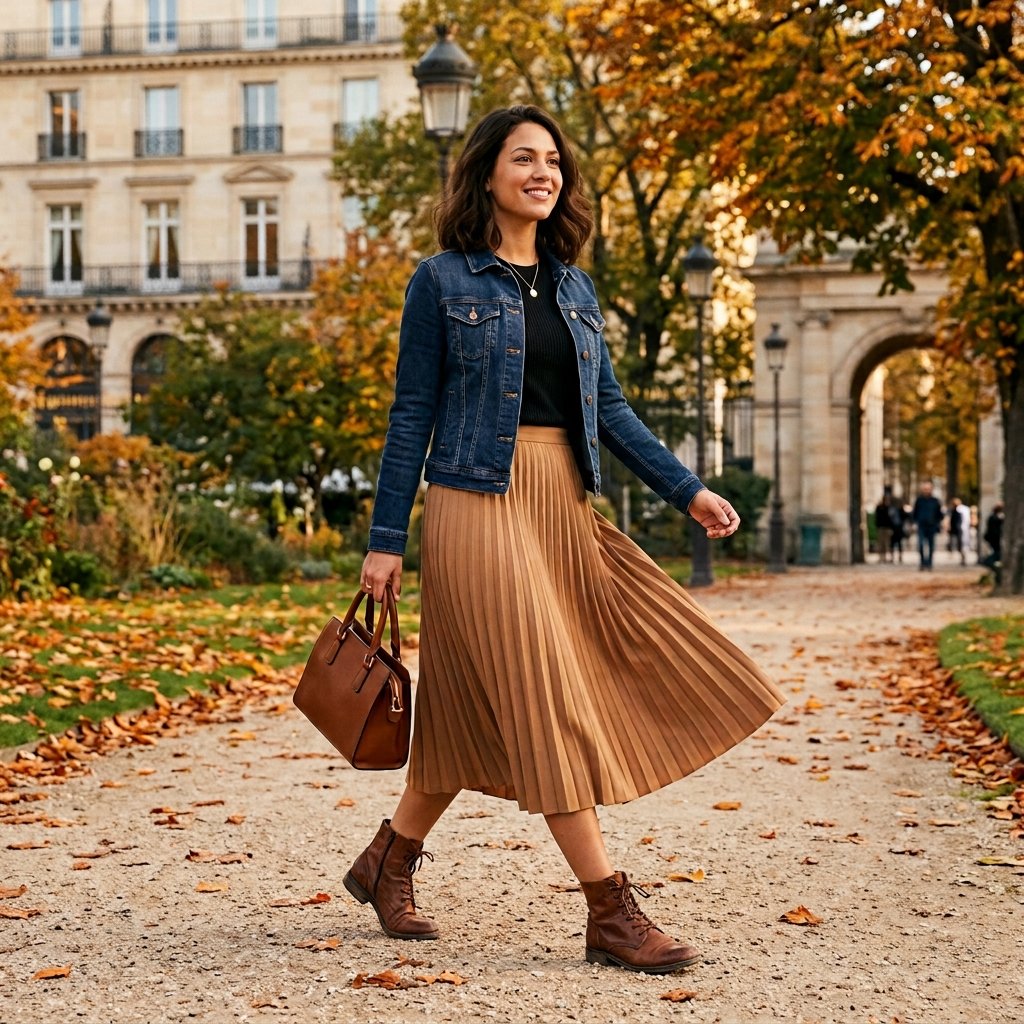 Denim Jacket with Pleated Midi Skirt