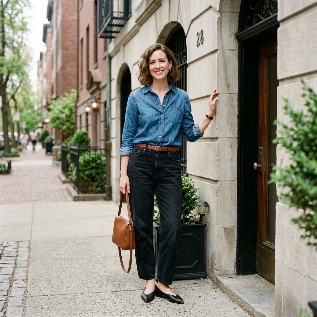Denim Shirt + Black Barrel Jeans + Pointed Flats