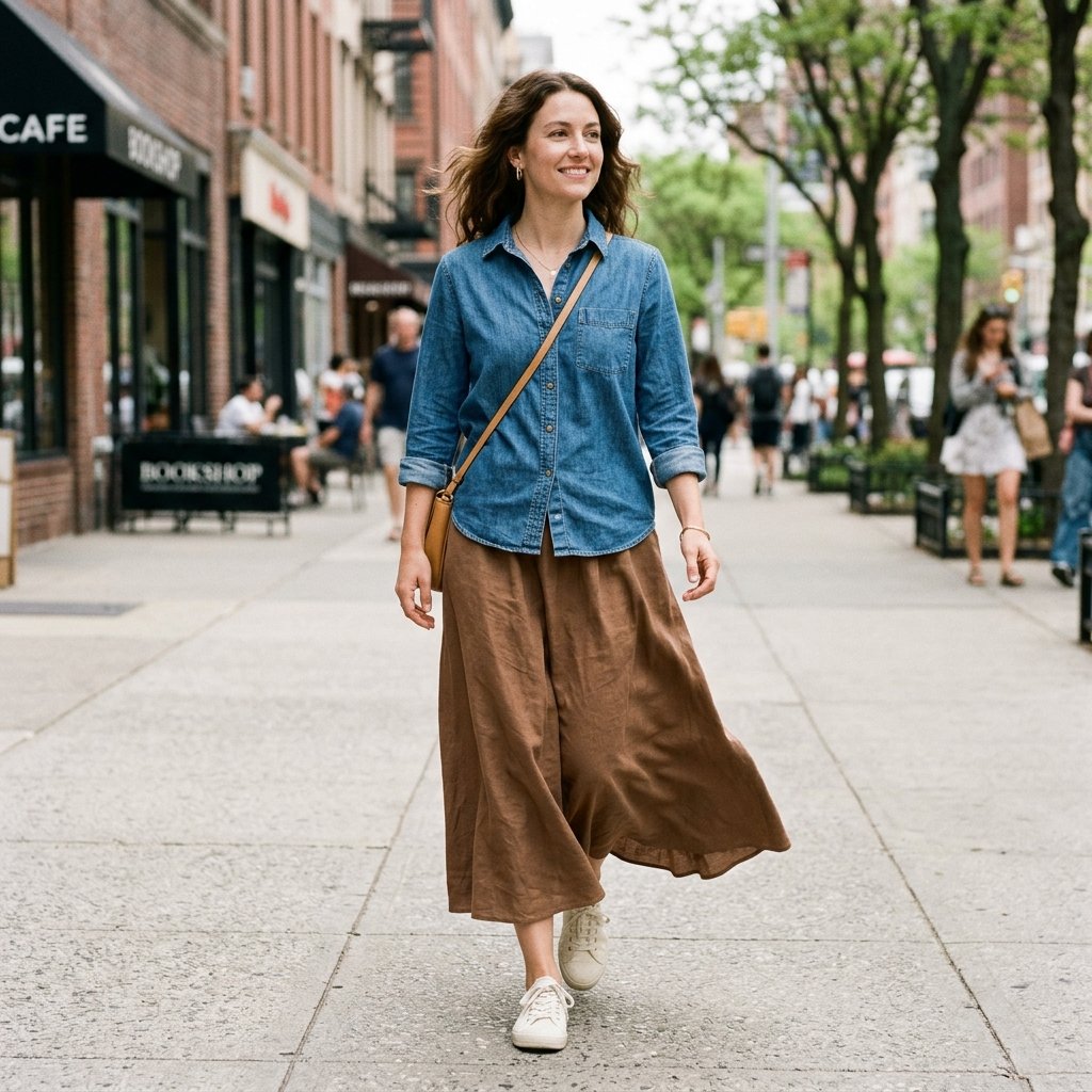 Denim Shirt + Brown Maxi Skirt + Sneakers
