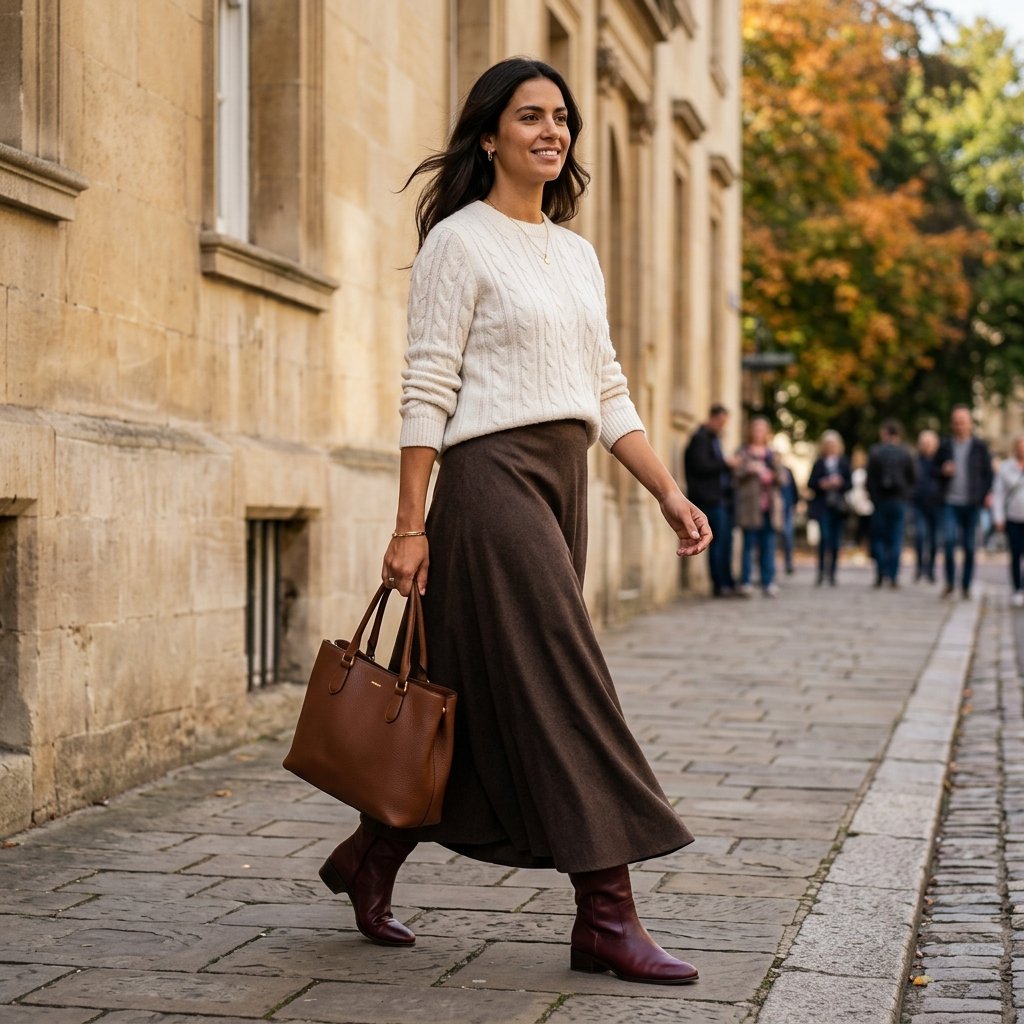 Espresso Maxi Skirt + Ivory Sweater + Burgundy Boots