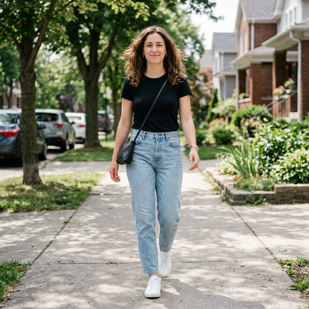 Fitted Black Tee + Light-Wash Barrel Jeans + Sneakers