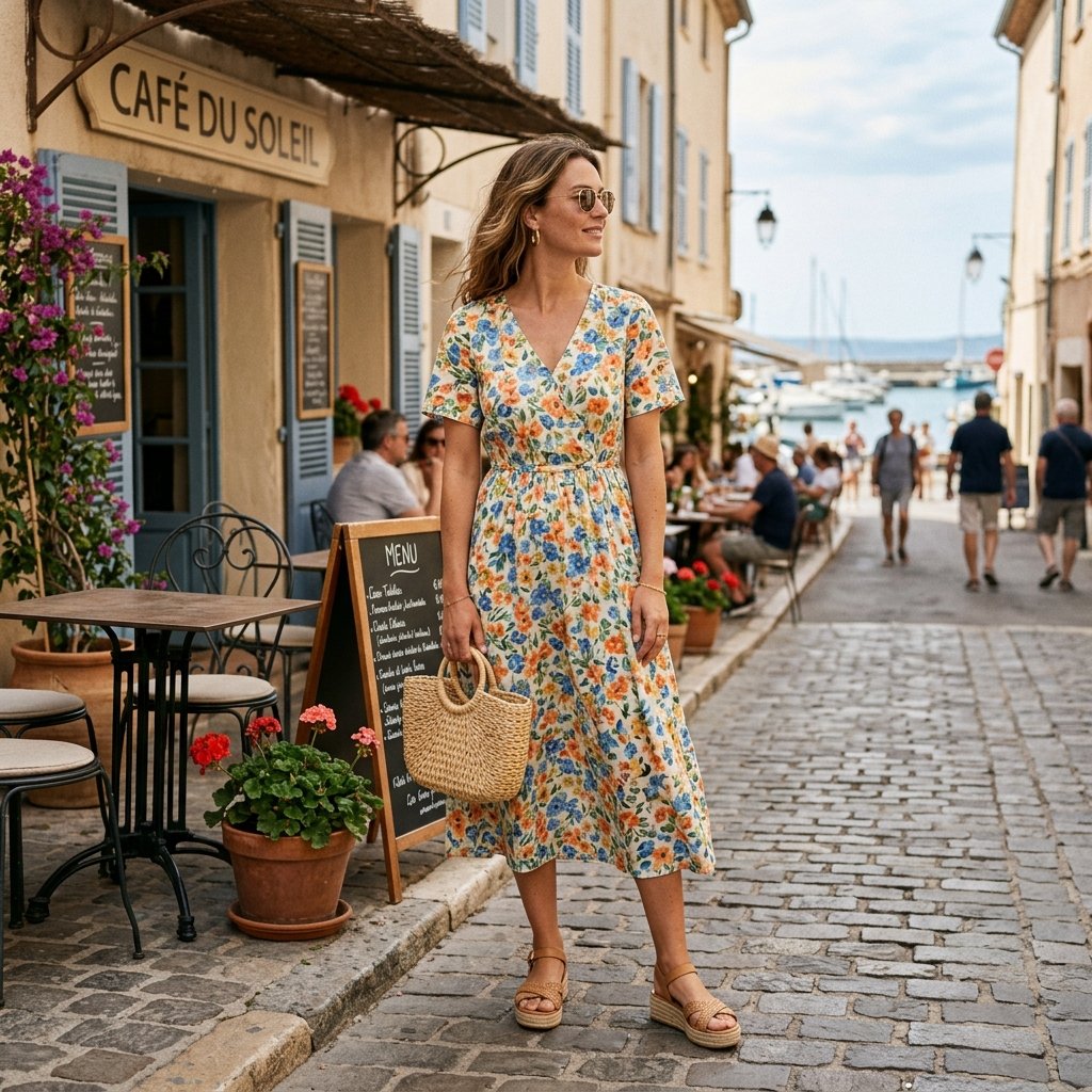 Floral Midi Dress + Platform Sandals + Straw Bag