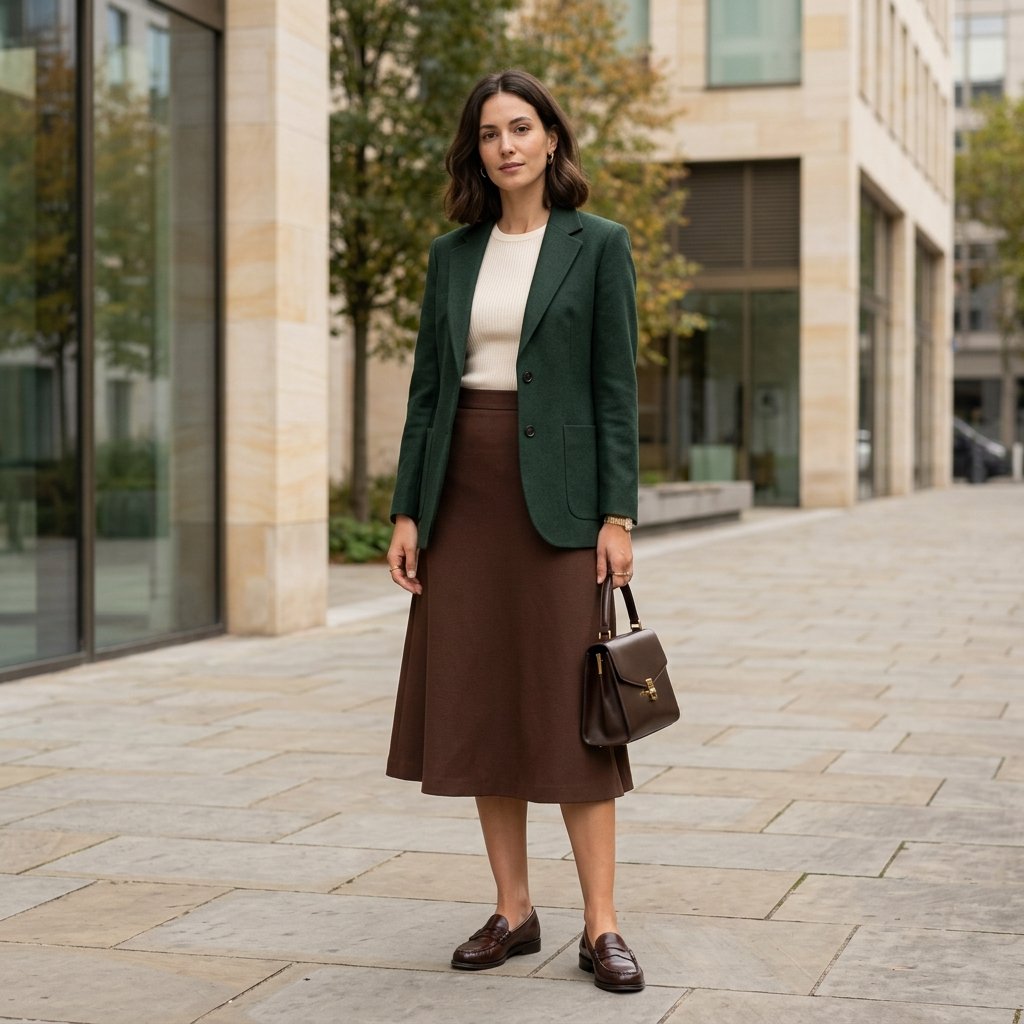 Forest Green Blazer + Brown Midi Skirt + Cream Top