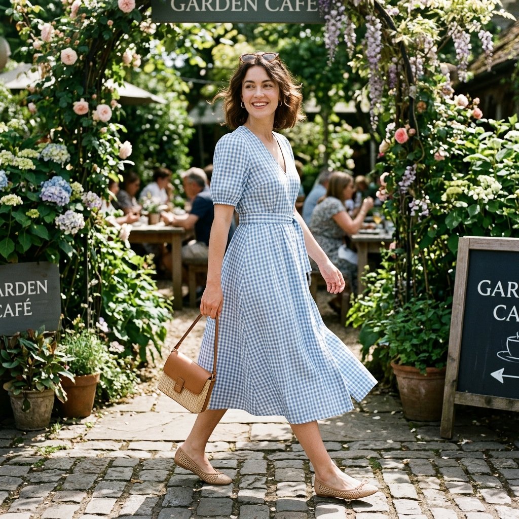 Gingham Dress + Woven Flats + Mini Shoulder Bag