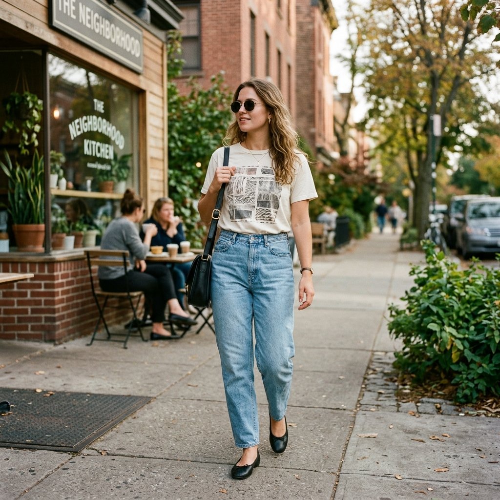 Graphic Tee + Barrel Jeans + Ballet Flats