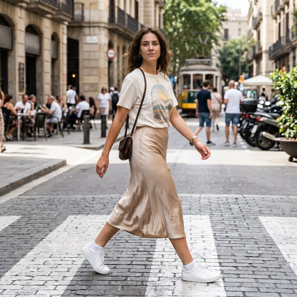 Graphic Tee + Satin Midi Skirt + Sneakers