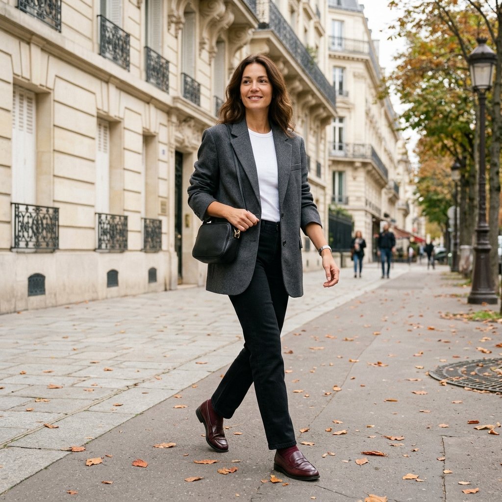 Gray Blazer with Black Jeans and Burgundy Loafers