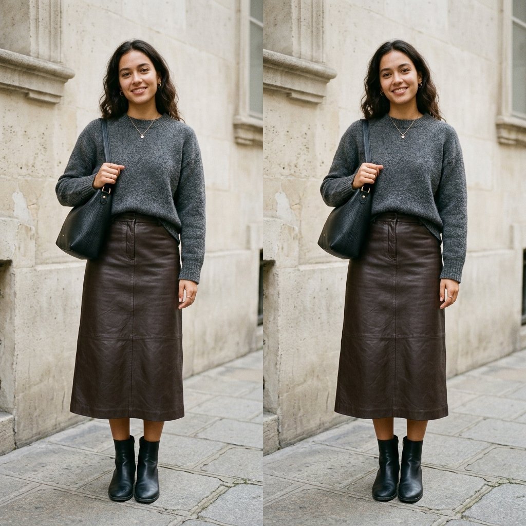 Gray Sweater + Brown Leather Skirt + Black Boots