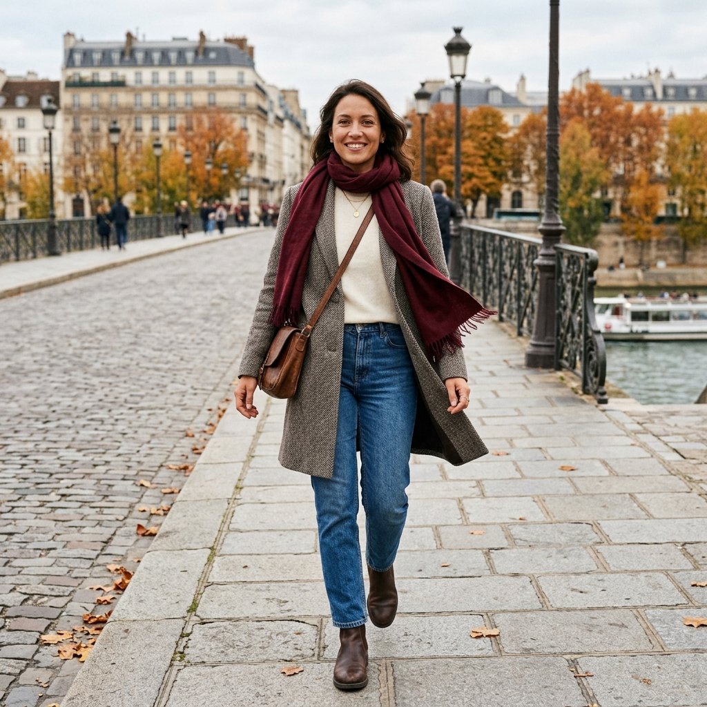 Herringbone Coat with Jeans and Chelsea Boots