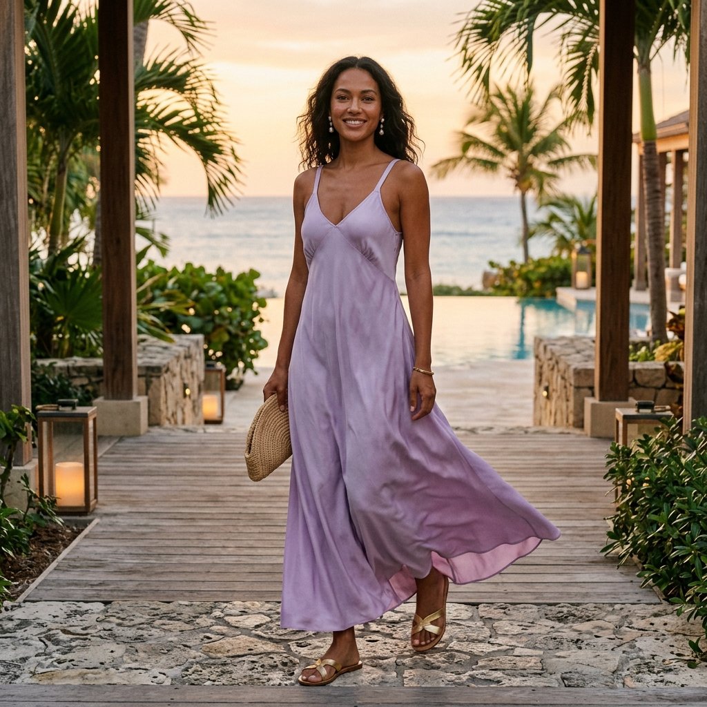 Lavender Maxi Dress + Raffia Clutch + Gold Flats