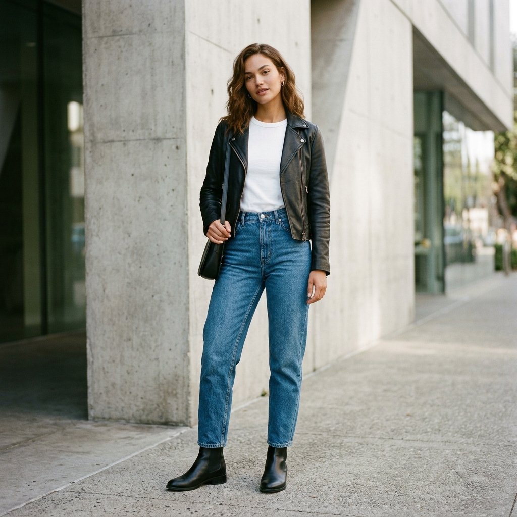 Leather Jacket + White Tee + Barrel Jeans