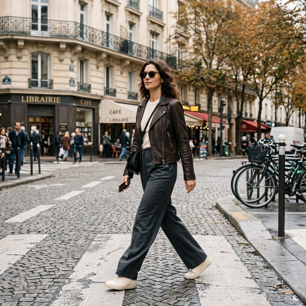 Leather Jacket with Wide-Leg Trousers and Sneakers