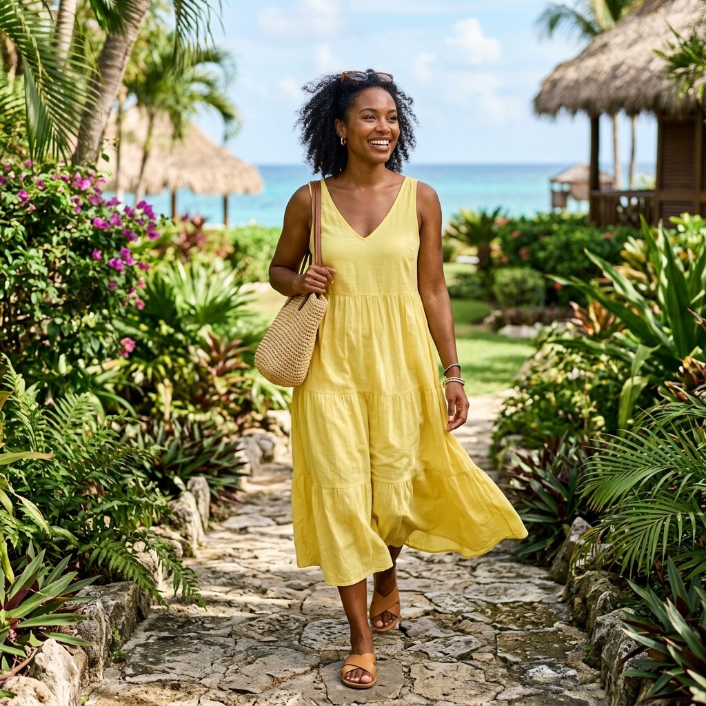 Lemon Yellow Sundress + Straw Bag + Flat Sandals