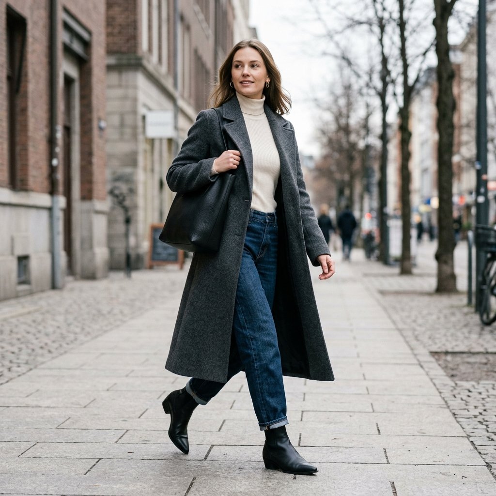 Long Wool Coat + Barrel Jeans + Ankle Boots