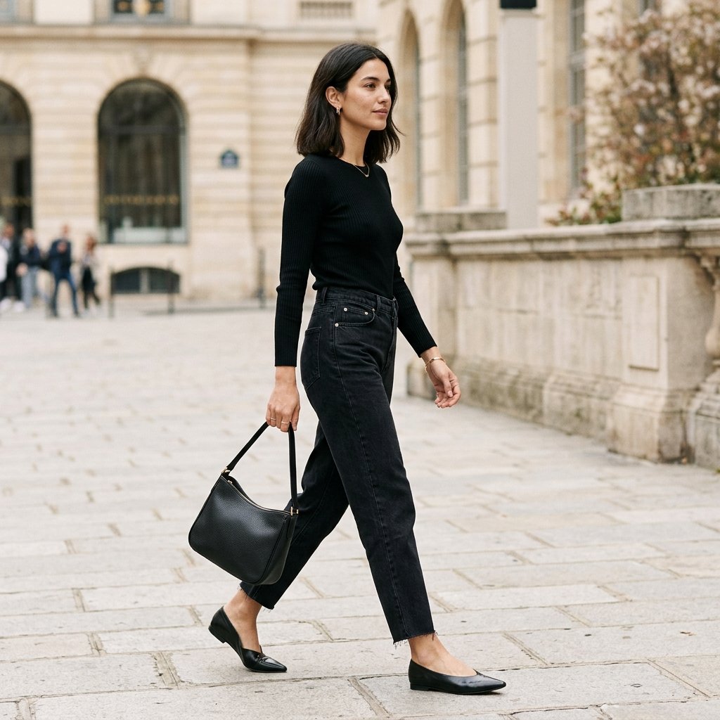 Monochrome Black Top + Black Barrel Jeans