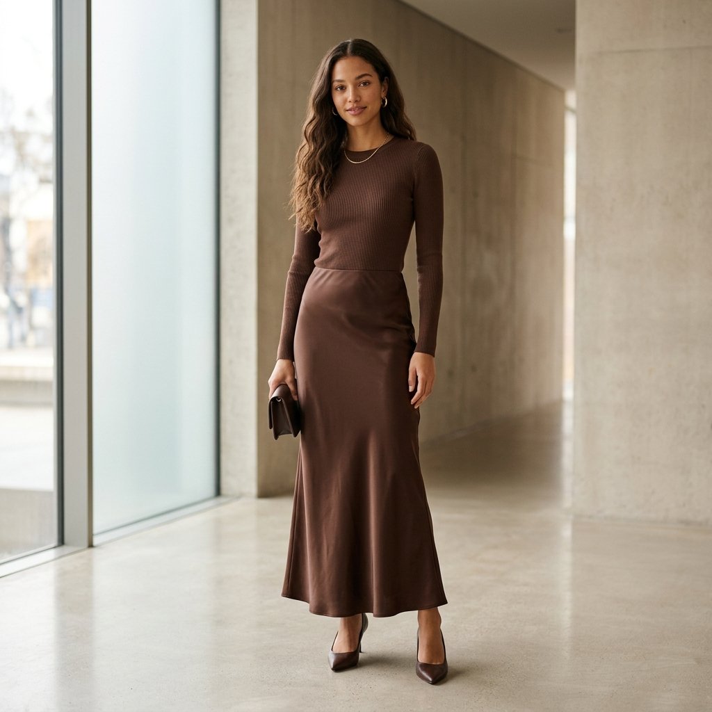 Monochrome Chocolate Knit + Brown Satin Maxi Skirt