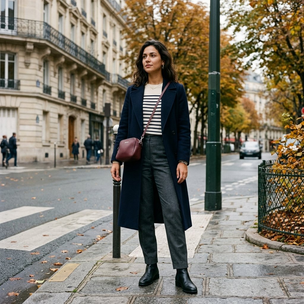 Navy Wool Coat with Striped Knit and Tailored Pants