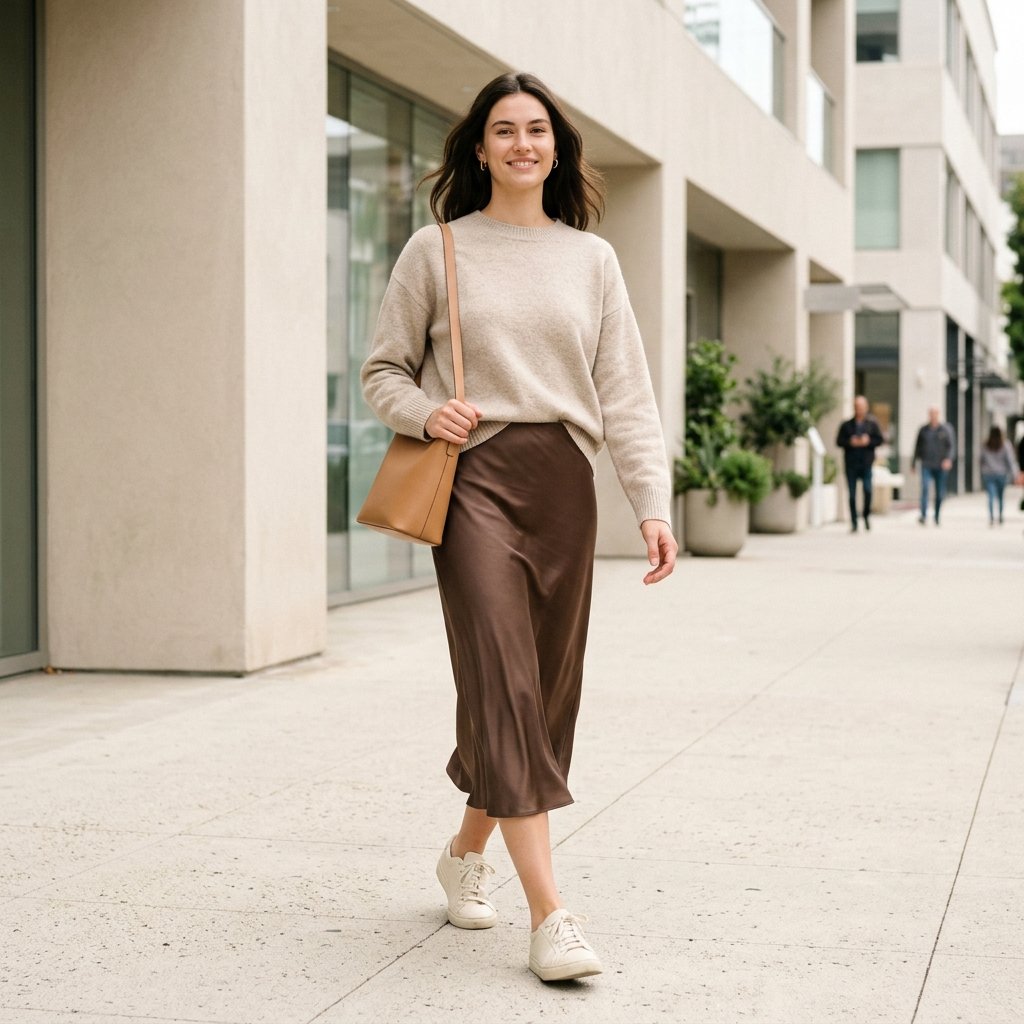 Oatmeal Sweater + Brown Slip Skirt + Sneakers