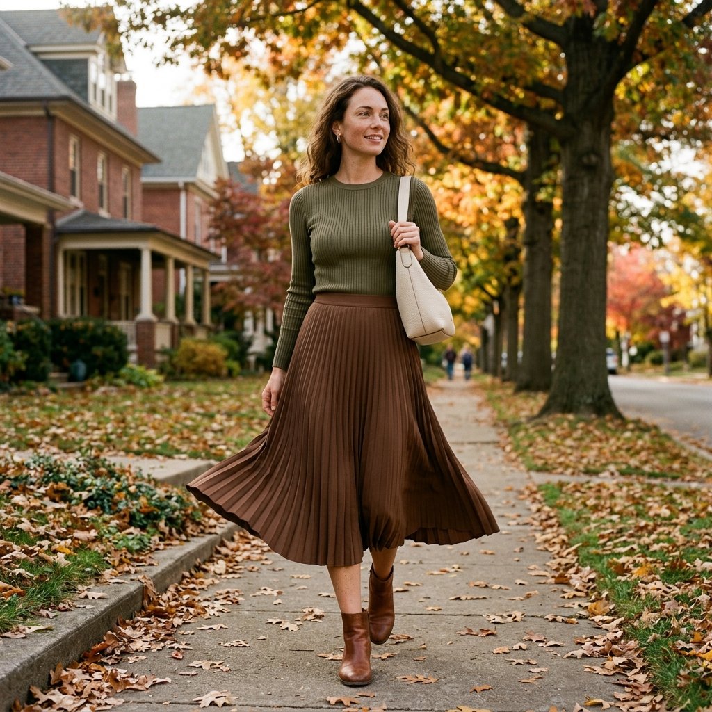 Olive Green Knit + Brown Pleated Midi Skirt + Ankle Boots