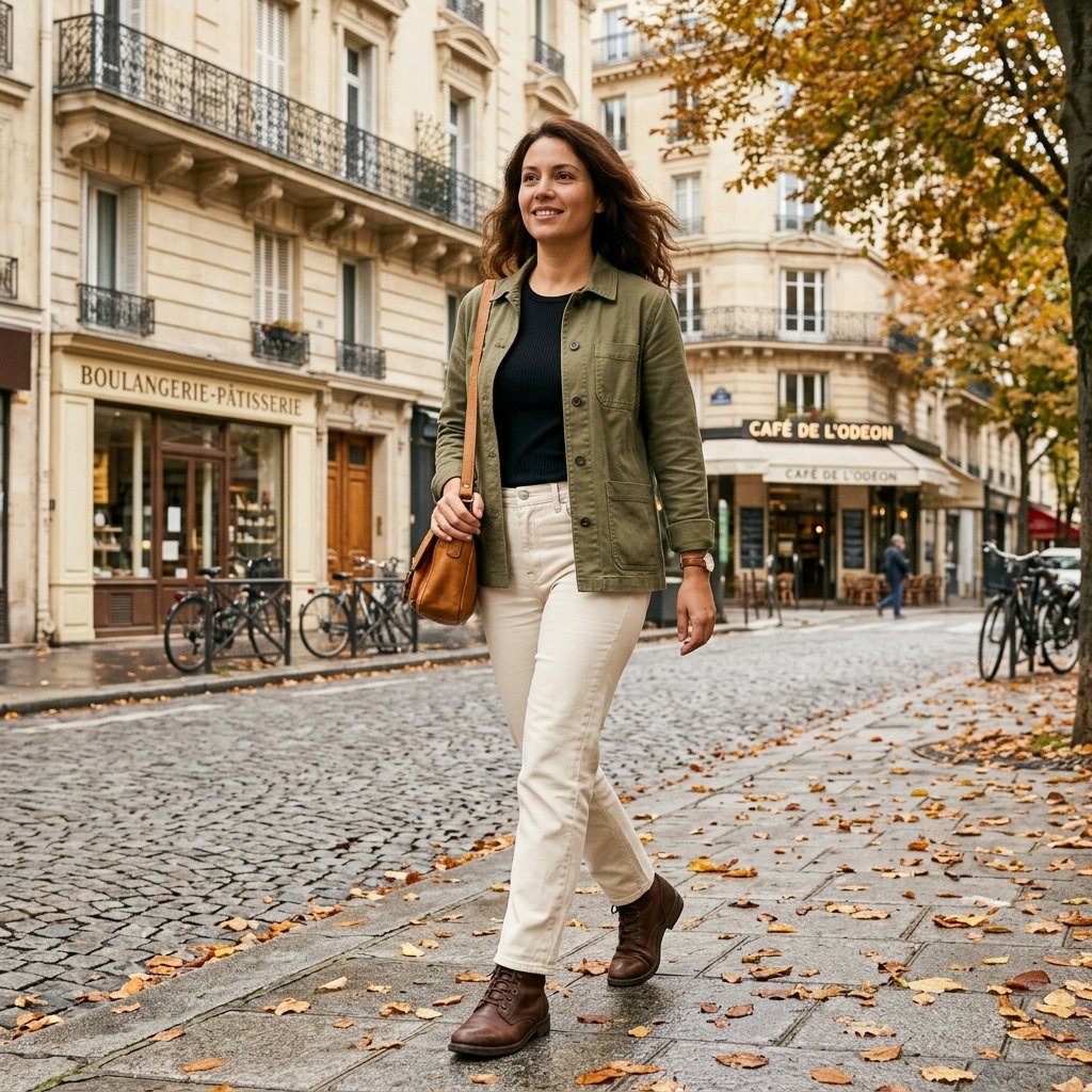 Olive Jacket with Cream Jeans and Ankle Boots